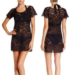 NWT Floral Lace Mini Dress Sz.L Black Sheer Goth Festival Y2K Beach Cover-Up